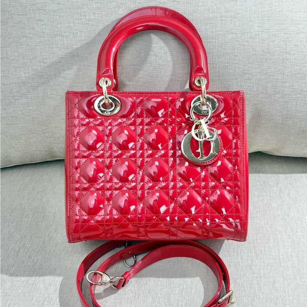 DIOR Red Patent Leather Lady Dior Bag SHW